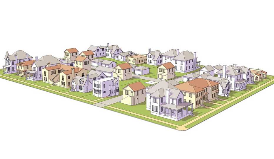 Color sketch of various types of houses within a city block - apartment buildings, single homes, ADUs, duplexes, etc